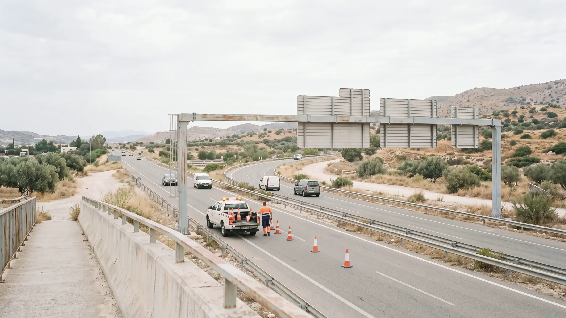 AI-generated scene: a maintenance pickup on a motorway hard shoulder, a worker placing cones behind it.
