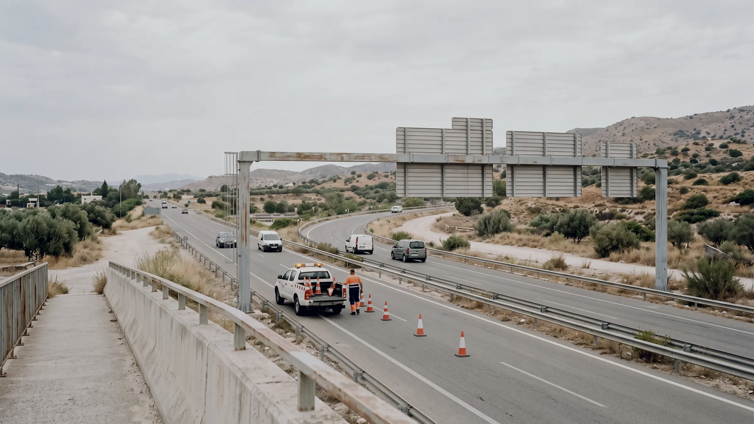 AI-generated scene: a maintenance pickup on a motorway hard shoulder, a worker placing cones behind it.