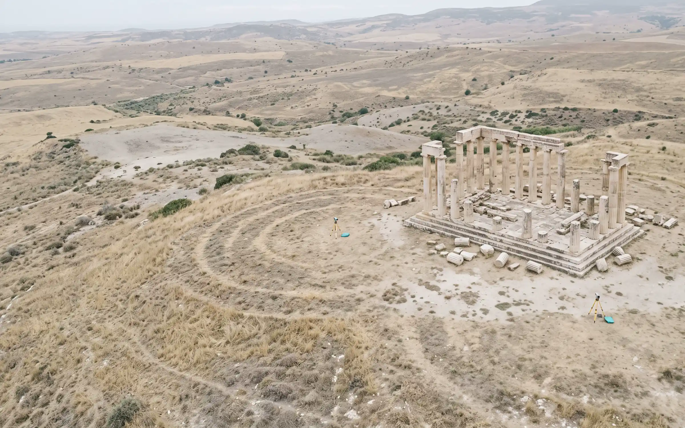 AI-generated scene: the ruins of a small temple on a low hill, seen from the air.