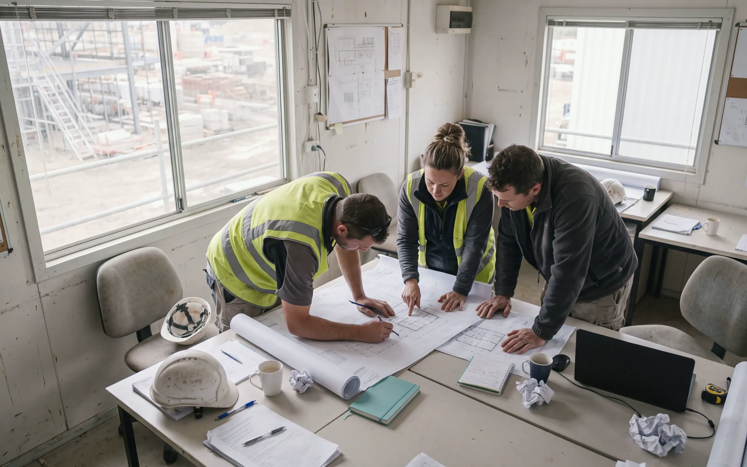 AI-generated scene: three engineers around printed site plans on a meeting table.