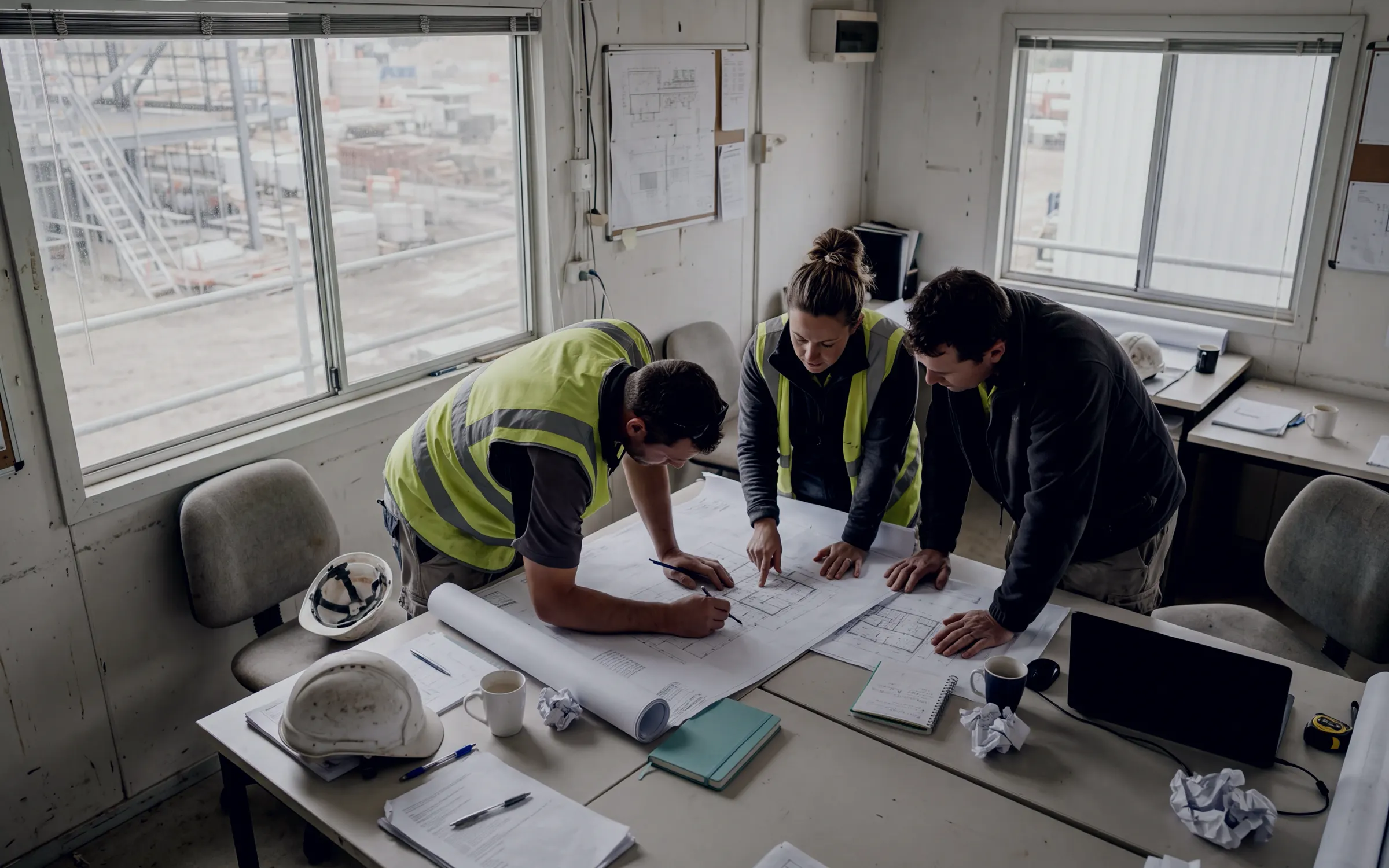 AI-generated scene: three engineers around printed site plans on a meeting table.