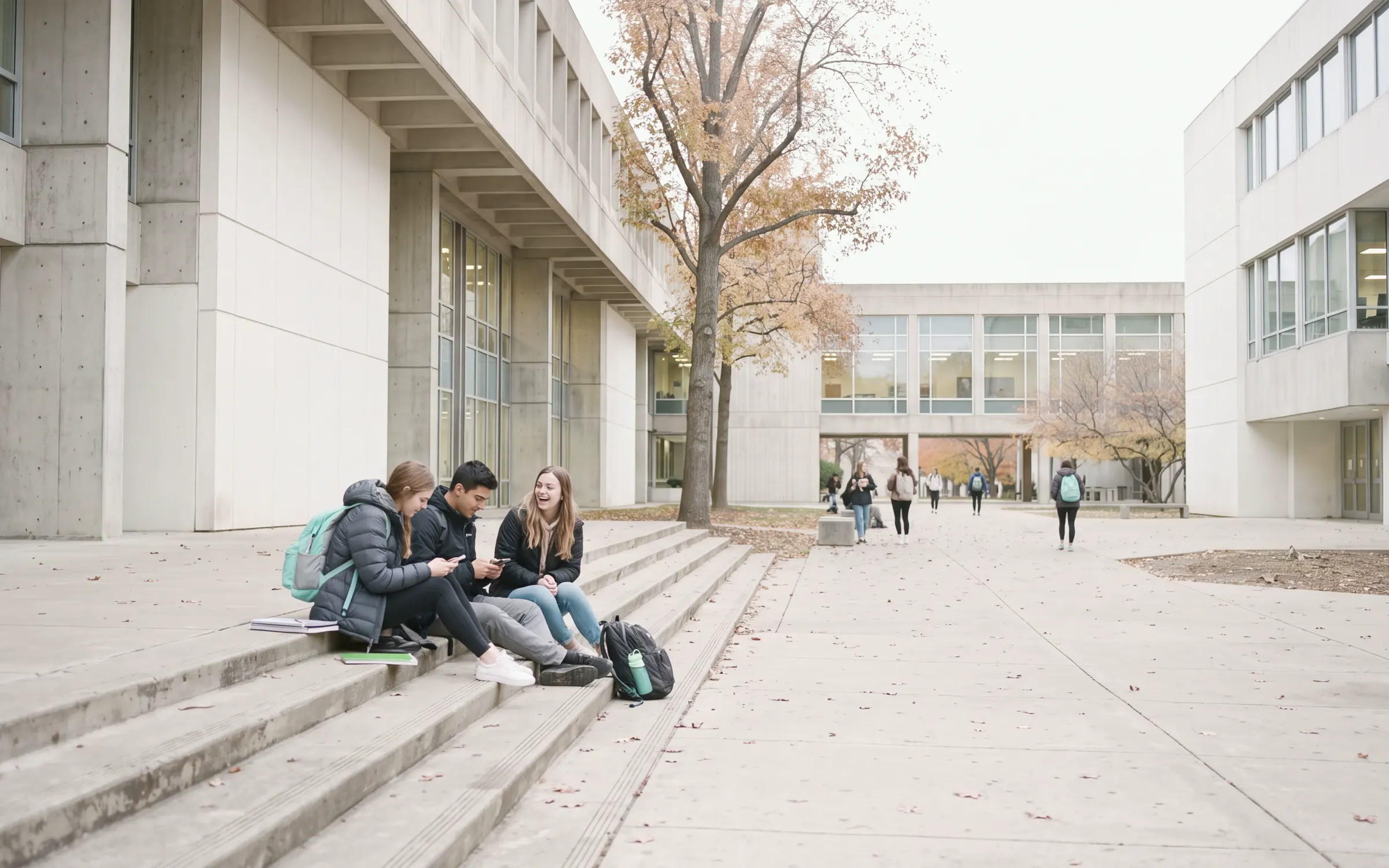 AI-generated scene: three students on wide concrete steps in a university courtyard.