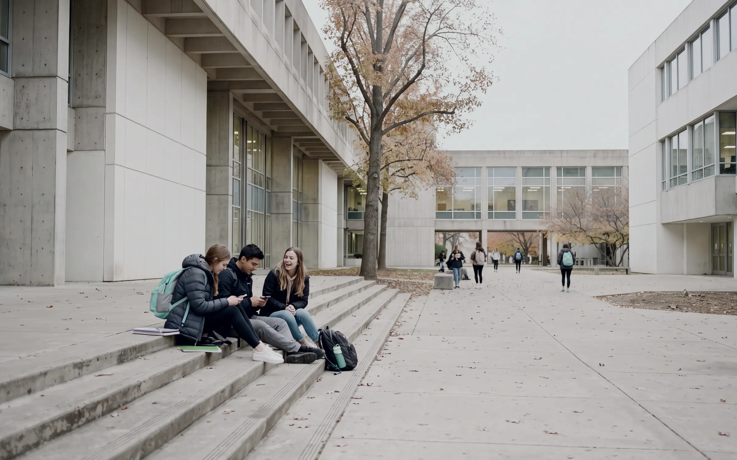 AI-generated scene: three students on wide concrete steps in a university courtyard.