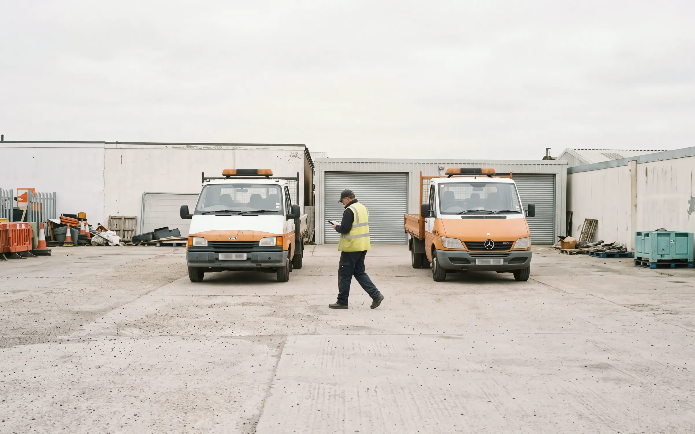 AI-generated scene: a road maintenance yard with two service vehicles and a worker carrying a tablet.