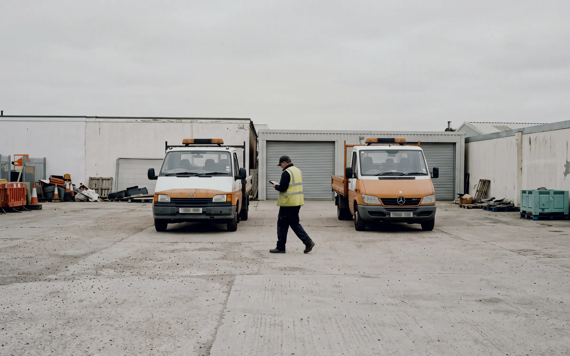 AI-generated scene: a road maintenance yard with two service vehicles and a worker carrying a tablet.