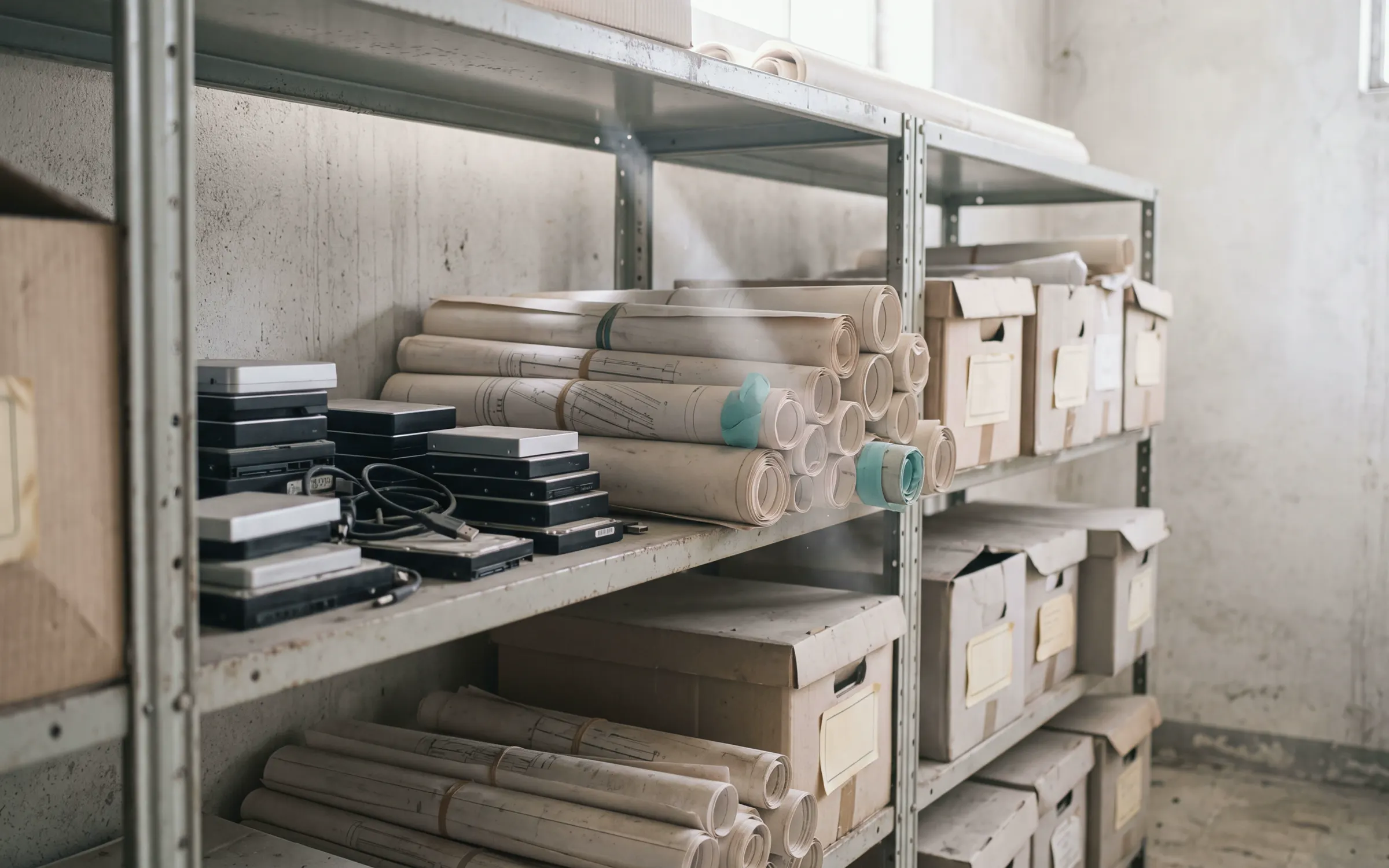 AI-generated scene: a storeroom shelf of hard drives, rolled survey drawings and archive boxes.