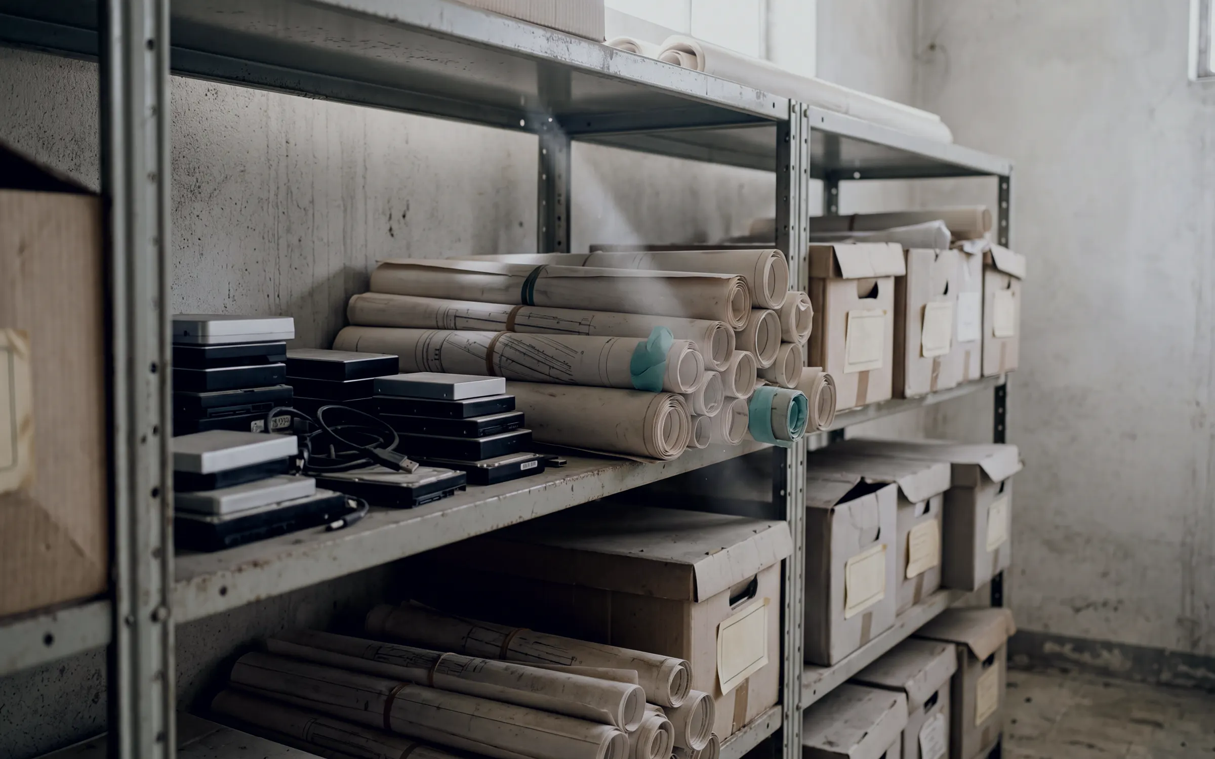 AI-generated scene: a storeroom shelf of hard drives, rolled survey drawings and archive boxes.